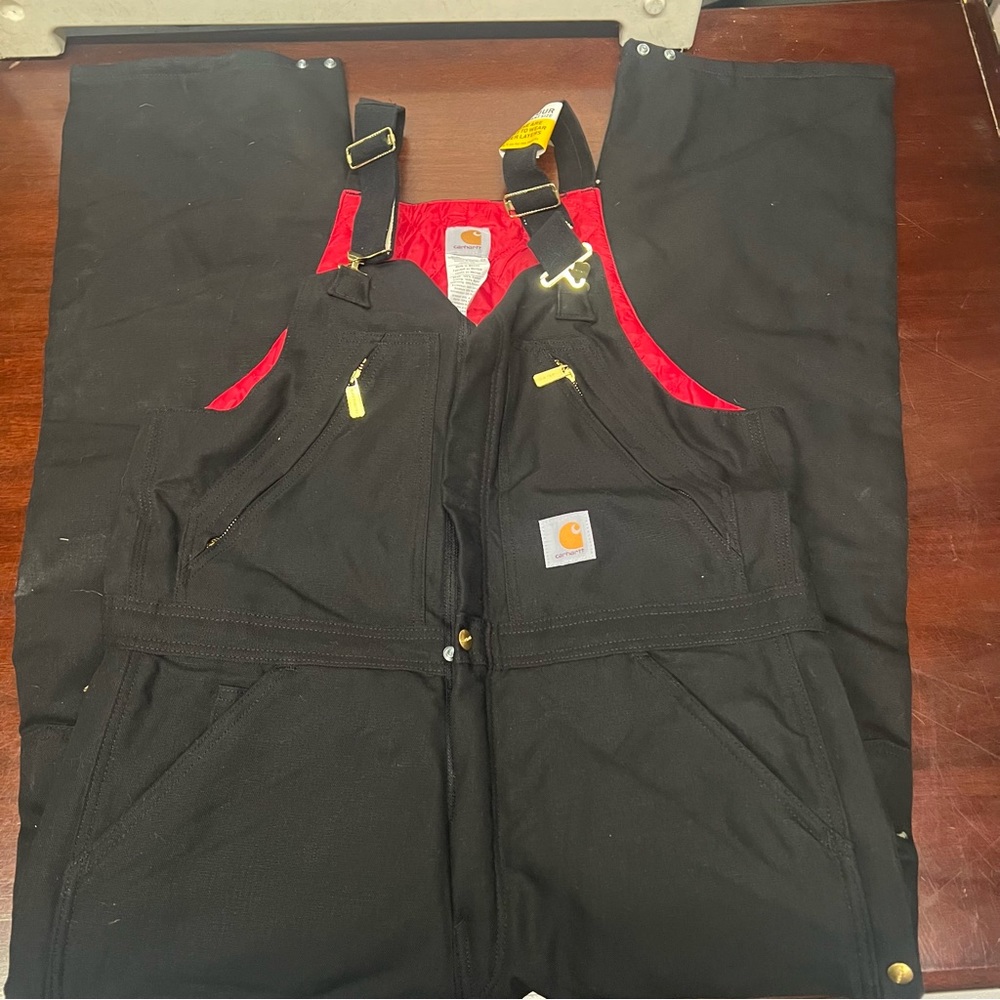 Carhartt Mens Duck Zip-To-Waist Black Biberall Quilt-Lined  size 34x32- R38-BLK